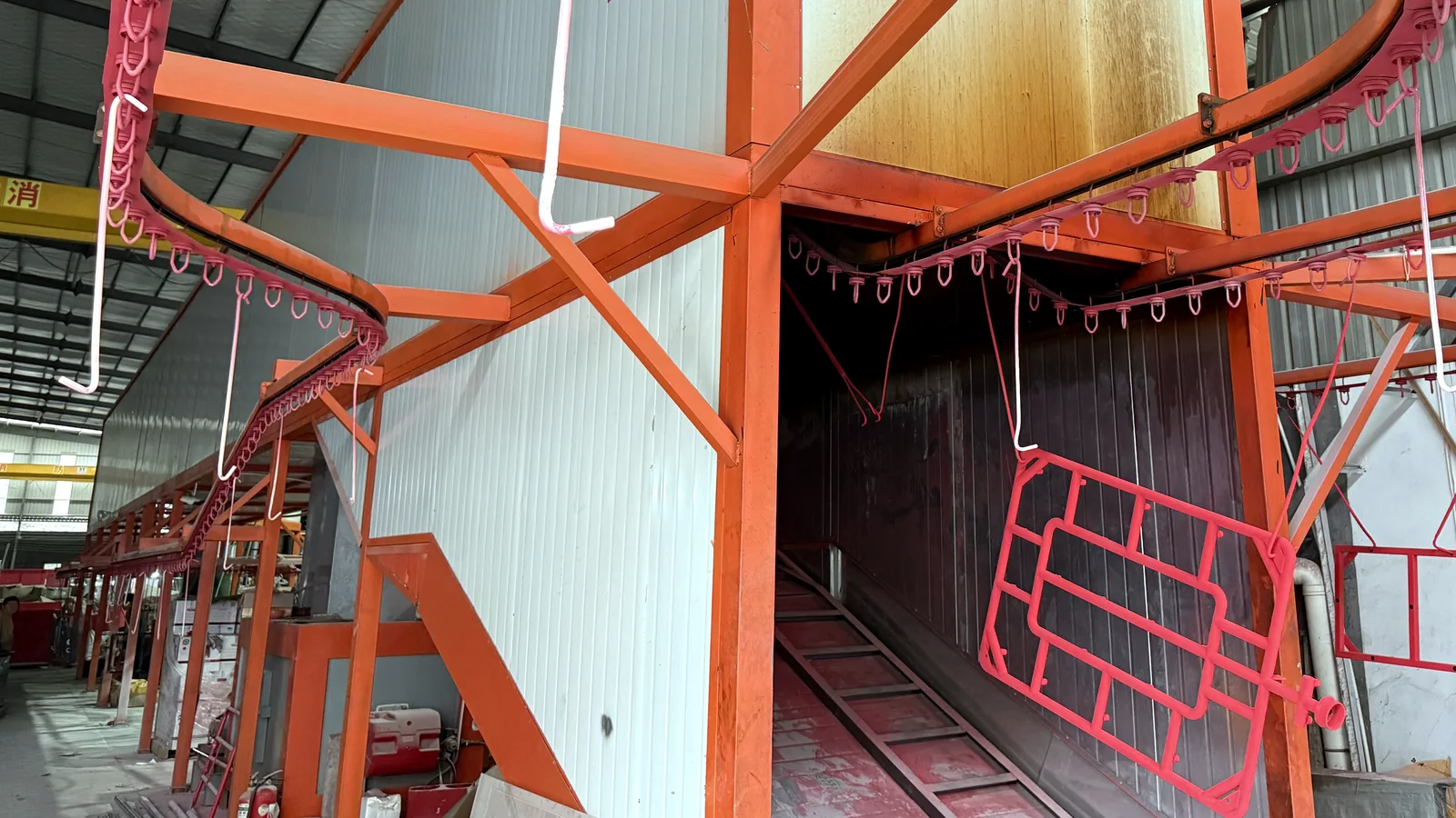 Powder coating conveyor line for custom metal cabinet surface finishing