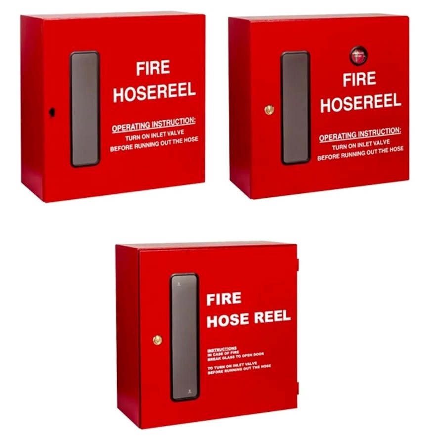 Compact fire hose reel cabinet with viewing window