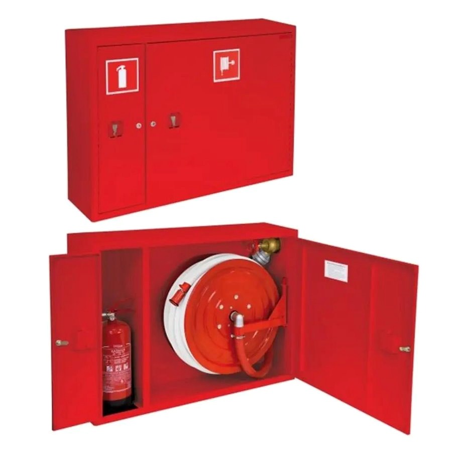 Fire hose reel and extinguisher combination cabinet