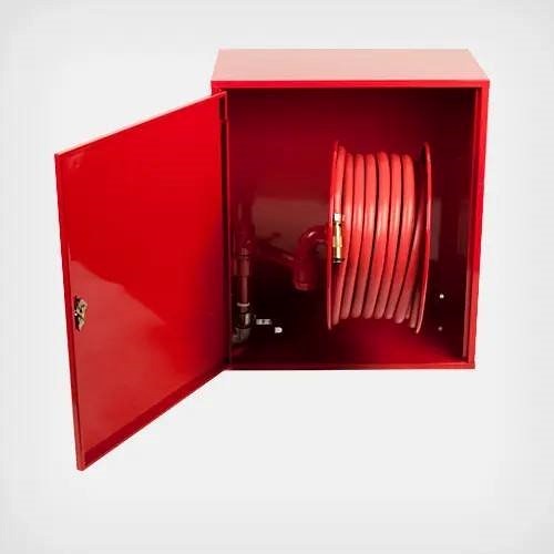 Open fire hose reel cabinet with red hose reel