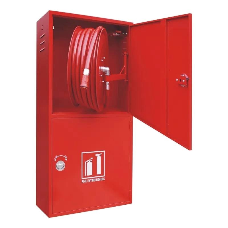 Vertical fire hose reel and extinguisher cabinet