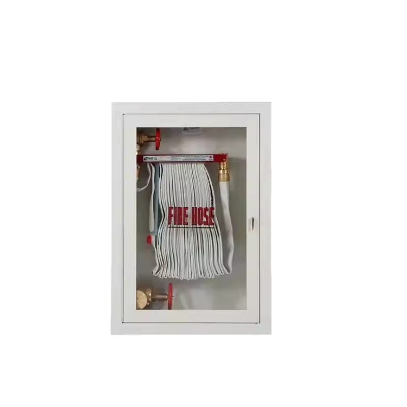 White glass door fire hose cabinet